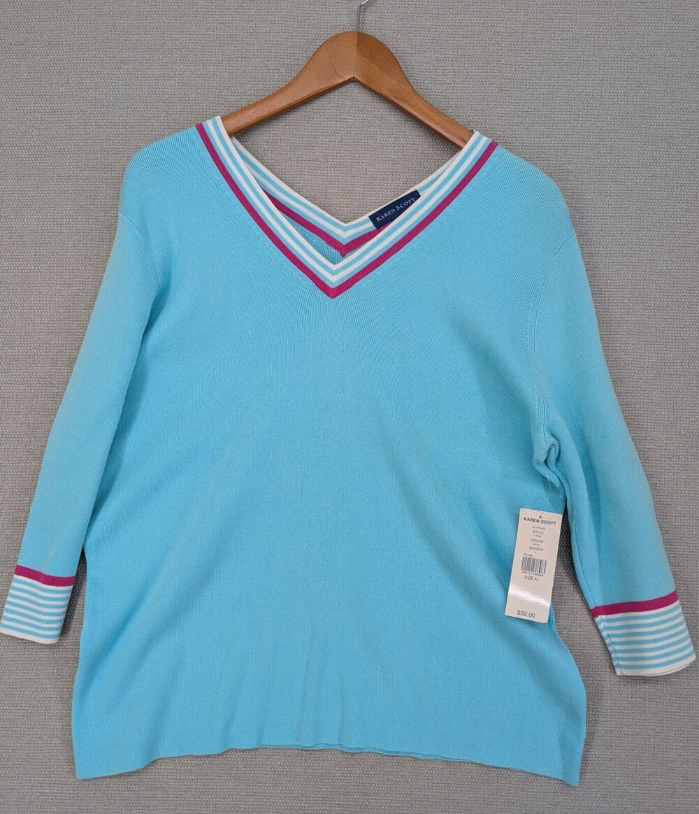 Karen Scott Knit Cotton V Neck Sweater Size XL Australia -0325D122